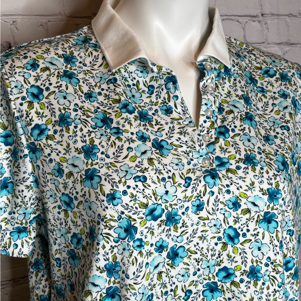 Lands End Floral Button Down Polo Shirt - Blue and White Size XL